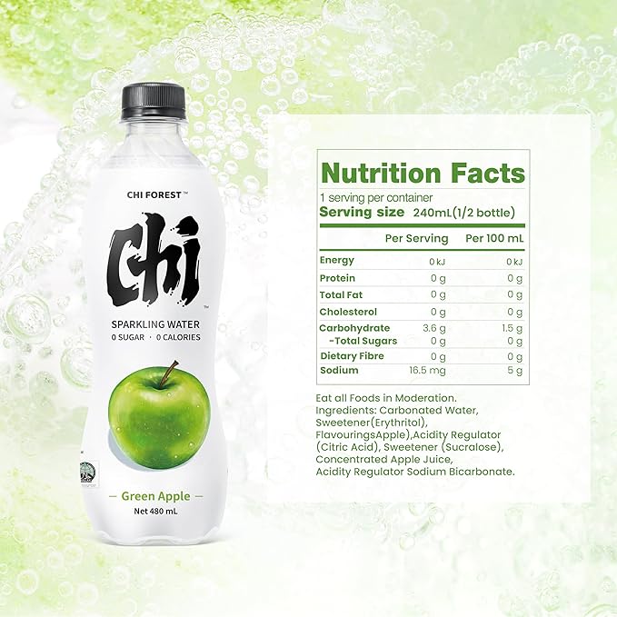 CHI FOREST Flavored Sparkling Water Beverage, Green Apple, Zero Sugar, 16.2 fl oz Bottles (pack of 15) - Bloomnest