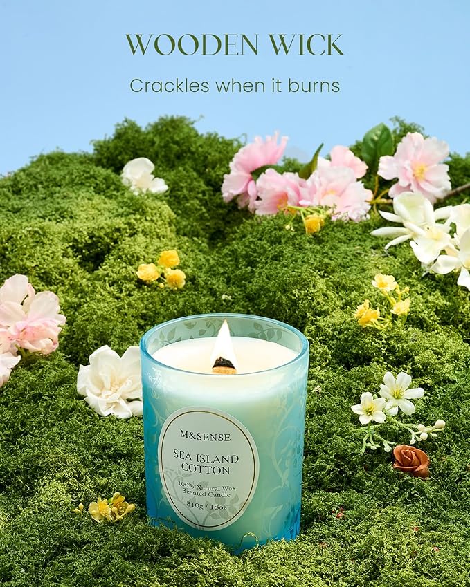 M&SENSE Sea & Cotton Scented Candle, Cracking Wooden Wick Soy Wax, 18oz 100 Hours Long Lasting Clean Burn, Large Summer Candles for Home Decor, Non-Toxic Relaxing Aromatherapy Gifts for Women - Bloomnest