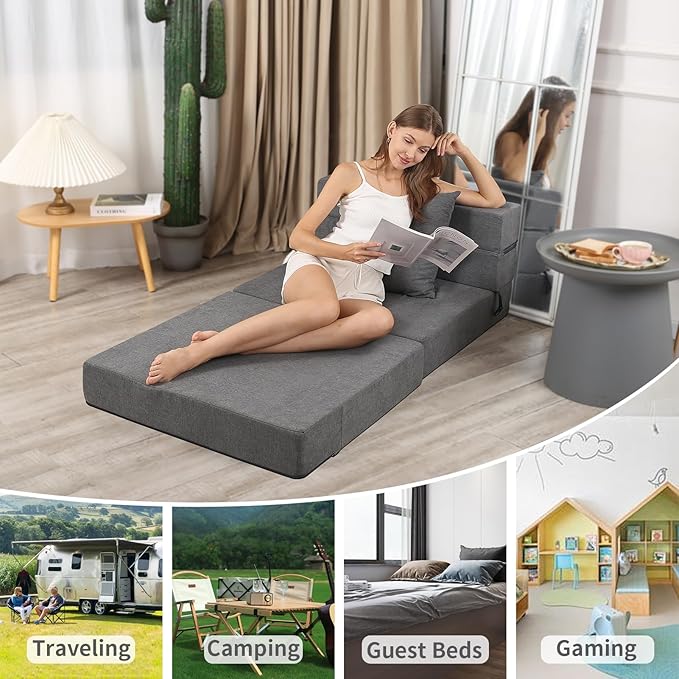Folding Sofa Bed, High-Density Memory Foam Sofa Bed with a Fluffy Pillow, Floor Couch Guest Bed, Single Size, Dark Grey - Bloomnest