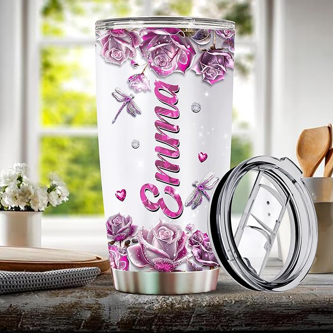 Personalized Dragonfly Coffee Mug Cups Gifts For Women Unique Mom, Purple Dragonflies Water Bottle Mothers Day Birthday Christmas Valentine 20oz Stainless Steel Thermos Tumbler Cup With Lid - Bloomnest