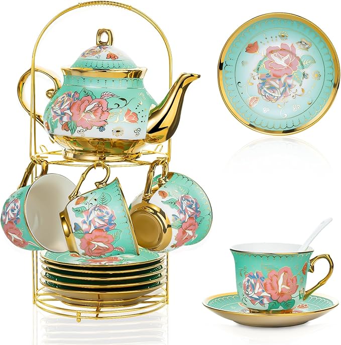 20 Pieces Porcelain Tea Set With Metal Holder, European Ceramic tea set for adults,Flower Tea Set,Tea Set For Women With Flower Painting (Large version, Green) - Bloomnest