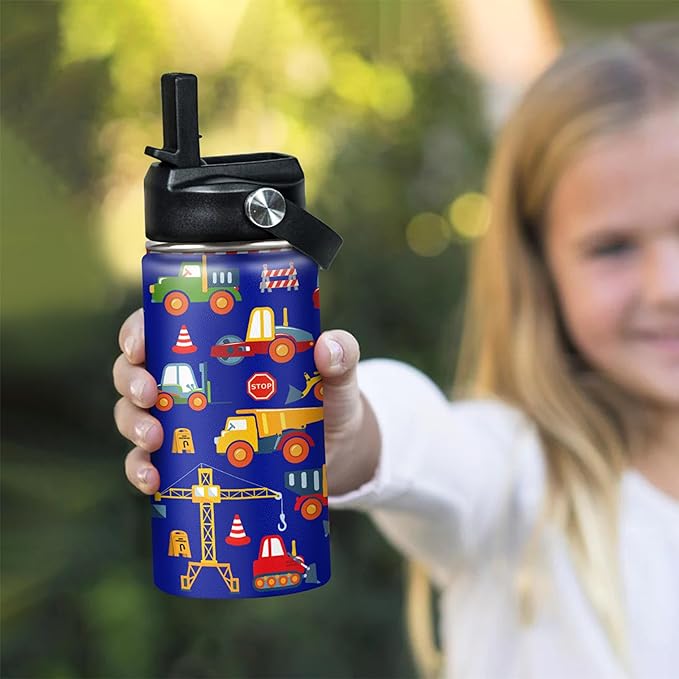 Kids Water Bottle with Straw Construction Insulated Water Bottles 12oz Stainless Steel Travel School Tumbler Double Wall Vacuum Cup for Boys Kid - Bloomnest