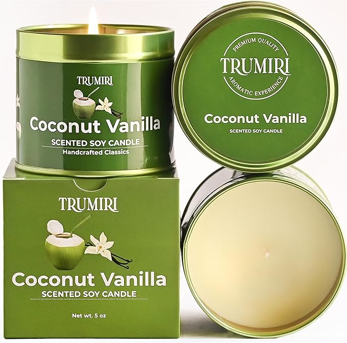 Coconut Vanilla - Aromatherapy Candles for Home Scented - 5oz Natural Soy Wax Clean Organic Non Toxic - Long Lasting Highly Scented with Essential Oils - Gifts for Women Relaxing Spa Beach Bathroom TRUMIRI
