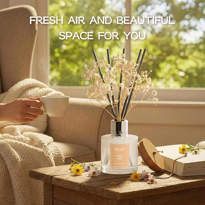 Airkeep Reed Diffuser Set,3.38 fl oz (100 ml) - Fresh Linen Oil Diffusers with 8 Reed Sticks, Home Fragrance Reed Diffuser for Bathroom Shelf Decor Airkeep