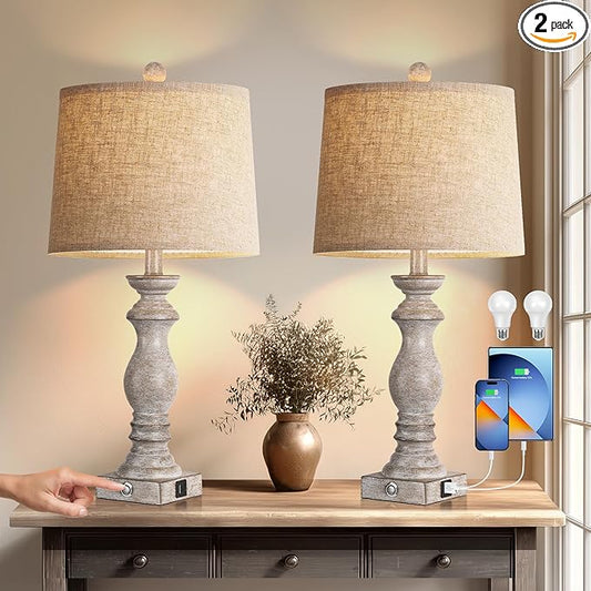 24.5" Table Lamp Set of 2, Rustic Farmhouse Bedside Lamps with USB A+C Charging Ports, 3-Way Dimmable Touch Control Nightstand Lamps for Living Room Bedroom, Antique Grey White, LED Bulbs Included - Bloomnest