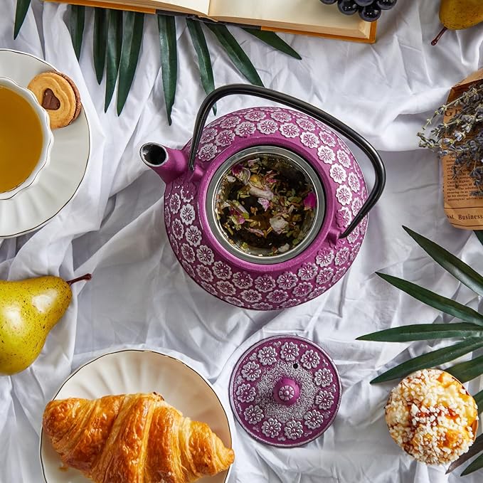 Purple Floral Cast Iron Teapot Kettle with Stainless Steel Loose Leaf Infuser (34 oz) - Cast Iron Tea Kettle - Tea Infuser Pot