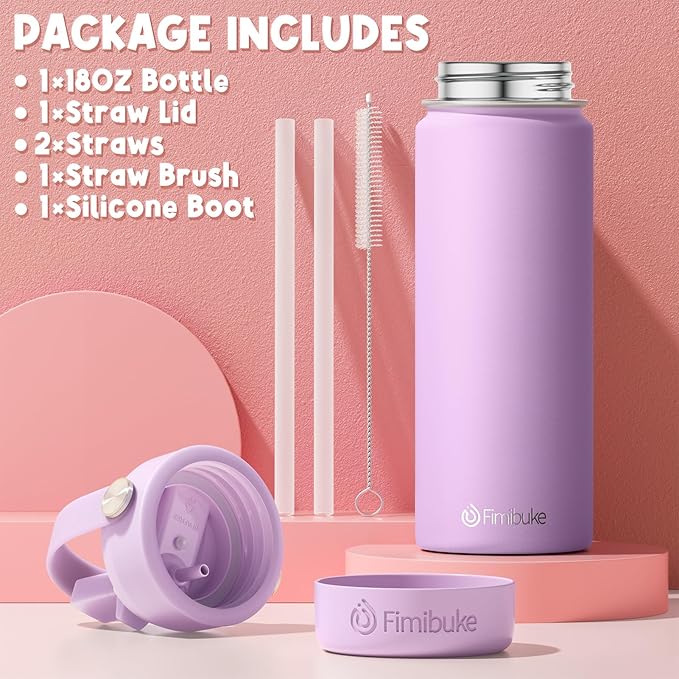 Fimibuke Kids Insulated Water Bottle - 18oz BPA-FREE 18/8 Stainless Steel Kid Cup with Straw Travel Tumbler Leak Proof Double Wall Vacuum Toddler Water Bottle for School Boys Girls (1 Pack,Bubble Gum) - Bloomnest