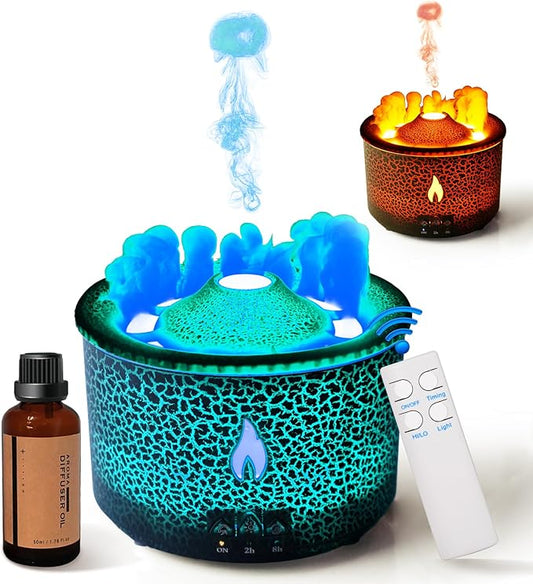 BOHOFAM Aroma Essential Oil Diffuser 360 ML,Volcano and Flame Diffuser/Humidifier,give1.76 oz Hotel Collection Essential Oils,Blue/red Light Selection,Diffusers for Home,Large Room(Black Cracks) - Bloomnest