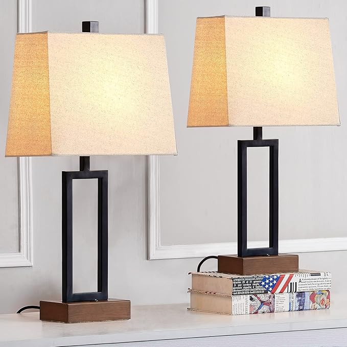Table Lamp for Bedroom Set of 2 with 2 USB Ports and AC Power Outlet, 23.5" Modern Bedside Lamp, Wood Nightstand Lamp with Linen Shade for Living Room Hotel Desk(LED Bulb Included) - Bloomnest