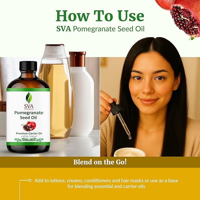 SVA Pomegranate Seed Organic - 4 Fl Oz – 100% Natural Cold Pressed Organic Pomegranate Oil - for Face, Skin Care, Hair Care, Scalp Massage & Body Massage – Carrier Oil with Dropper - Bloomnest