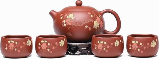 Fine Zisha Tea Pot Set,Master Handmade Genuine Yixing Clay Teapot 11.3 Oz with 4 Cups,Xishi Tea Set,Zhuni Red Beauty Clay