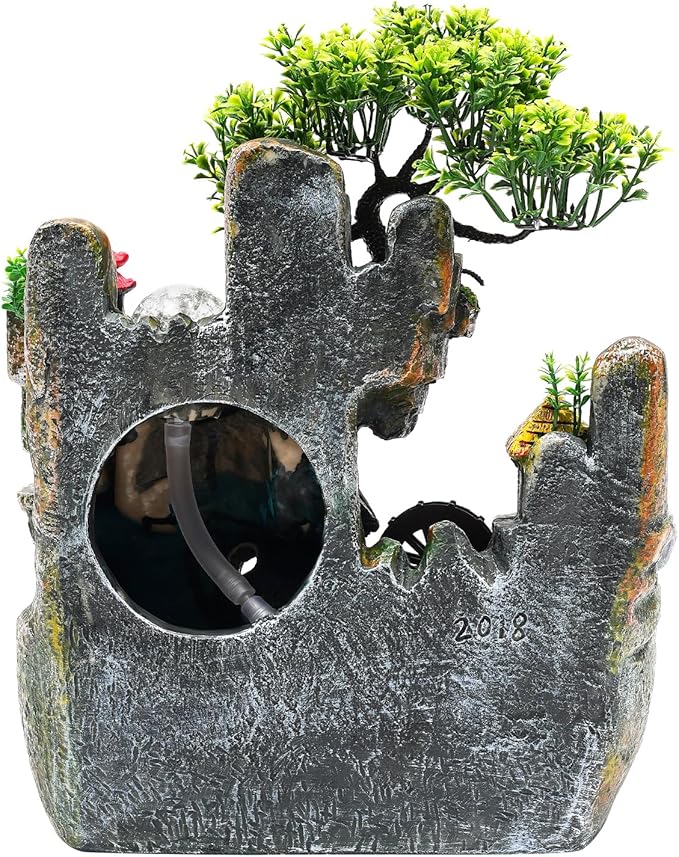 Indoor Water Fountain, Flowing Water Decorative Items with Fish Tank Rockery Tabletop Multi-Function Plant Decoration with Light Artificial Small Rockery for Bedroom Dining Room - Bloomnest