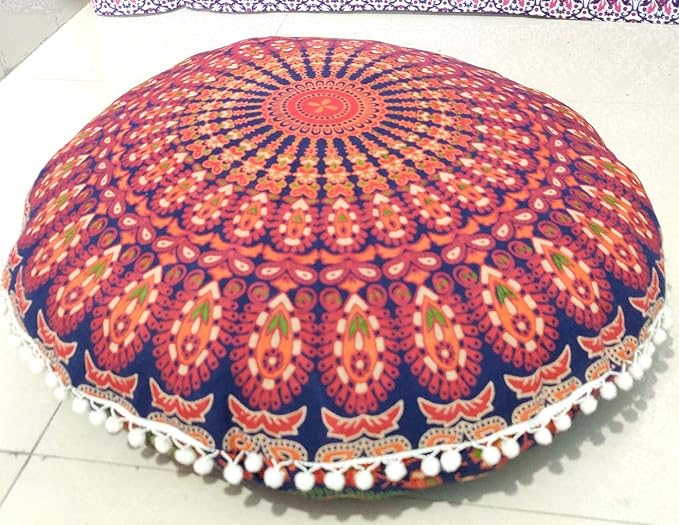ICC 24" Orange Peacock Mandala Barmeri Large Floor Pillow Cover Cushion Meditation Seating Ottoman Throw Cover Hippie Decorative Zipped Bohemian Pouf Ottoman Pom Pom Cases 24" Round - Bloomnest