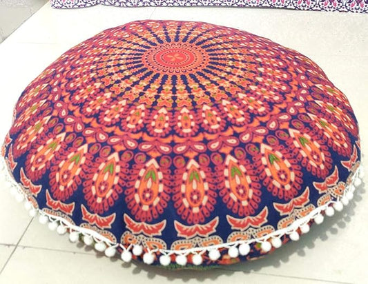 ICC 24" Orange Peacock Mandala Barmeri Large Floor Pillow Cover Cushion Meditation Seating Ottoman Throw Cover Hippie Decorative Zipped Bohemian Pouf Ottoman Pom Pom Cases 24" Round - Bloomnest