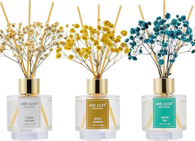 Airkeep Reed Diffuser Set of 3,Clean Cotton White Jasmine White Tea Oil Reed Diffusers for Bedroom Living Room Office Aromatherapy Oil Reed Diffuser for Gift 50ml x 3 - Bloomnest