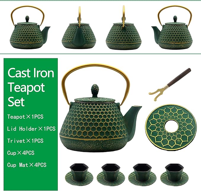 Cast Iron Tea Kettle Set, 33.8oz Hexagon Pattern Teapot Set with Cups and Cup Mats, Teapot Coated with Enameled Interior, Durable Cast Iron Teapot Set with Stainless Steel Infuser