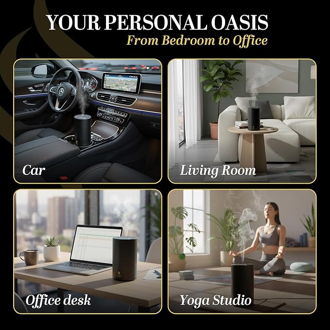 Waterless Essential Oil Diffuser, battery-operated cordless aromatherapy diffuser with timer & 3 mist levels. For car, home, office, yoga studio, nursery, bedrooms, and pet areas. Black aluminum alloy Bloomnest