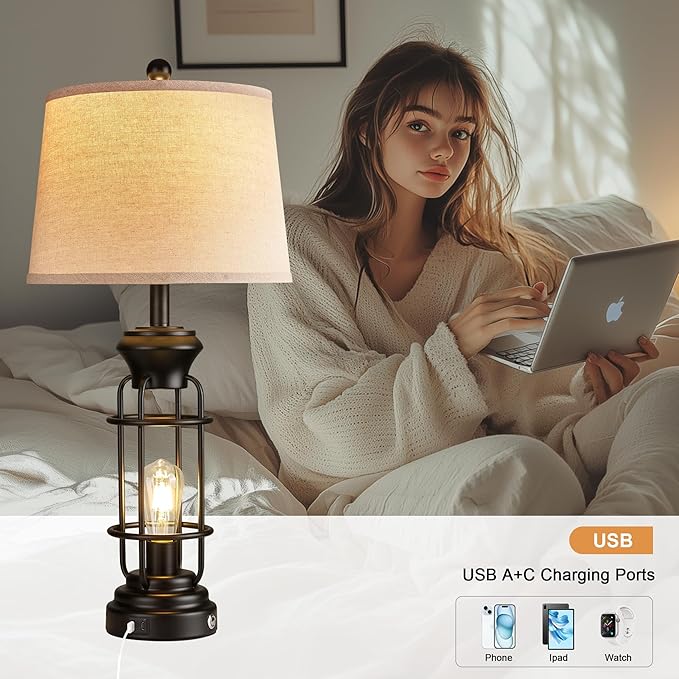 Black Table Lamps Set of 2, 28.5" Farmhouse Lamps for Living Room with USB C+A Ports, Touch Lamps for Bedroom, LED Bulbs Included - Bloomnest