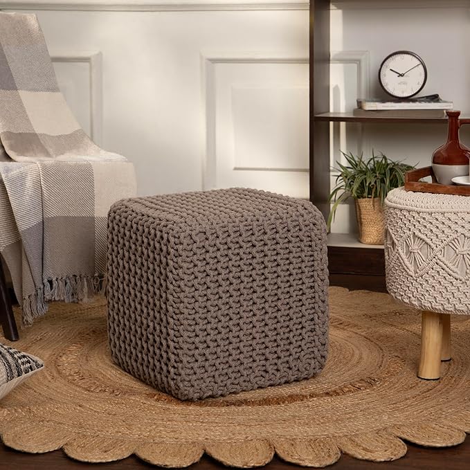 REDEARTH Cube Hand Knitted Pouf - Foot Stool Ottoman - Cord Boho Pouffe - Poof Accent Stuffed Table or Footrest for Living Room - Nursery - Bedroom - Patio - 100% Cotton (16" x 16" x 16") - Taupe - Bloomnest