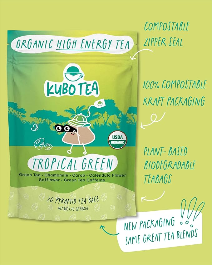 Kubo Tea Tropical Green Tea - Organic High Caffeine Energy Blend - 20 Pyramid Tea Bags (155mg Caffeine each) - Healthy Sugar Free Coffee Substitute for Hot & Iced Drinks - Biodegradable Packaging - Bloomnest