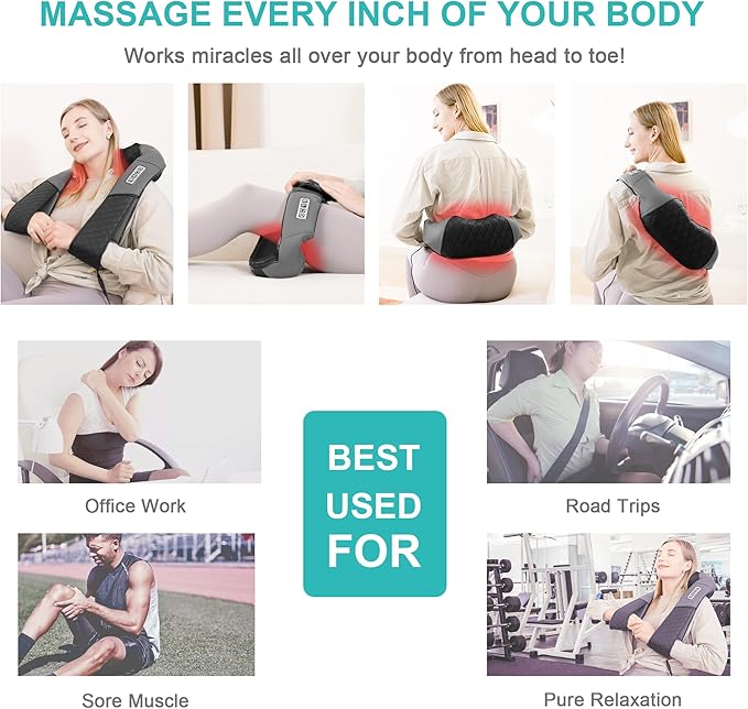 Medcursor Neck Massager, Portable Electric Shiatsu Back Massage Device with Heat, Deep Tissue 3D Kneading Pillow for Muscle Pain Relief (No Battery) - Bloomnest