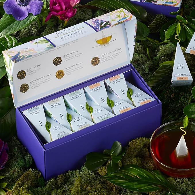 Tea Forte Demoiselle Premium Tea Presentation Box Tea Gift Sampler, 20 Count, 2 of Each Variety Individually Wrapped Handcrafted Pyramid Infuser Bags - Bloomnest