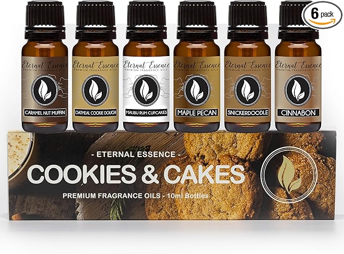 Eternal Essence Oils Cookies & Cakes Set of 6 Premium Fragrance Oils - Includes Caramel Nut Muffin, Oatmeal Cookie Dough, Malibu Rum Cupcakes, Maple Pecan, Snickerdoodle, and Cinnabon - 10ML - Bloomnest