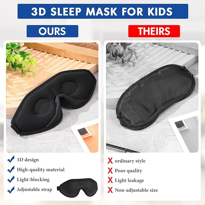 Coume Sleep Mask for Kids 3D Sleeping Blindfold Memory Foam Contoured Eye Mask with Blocking Light with Adjustable Strap(Black) - Bloomnest
