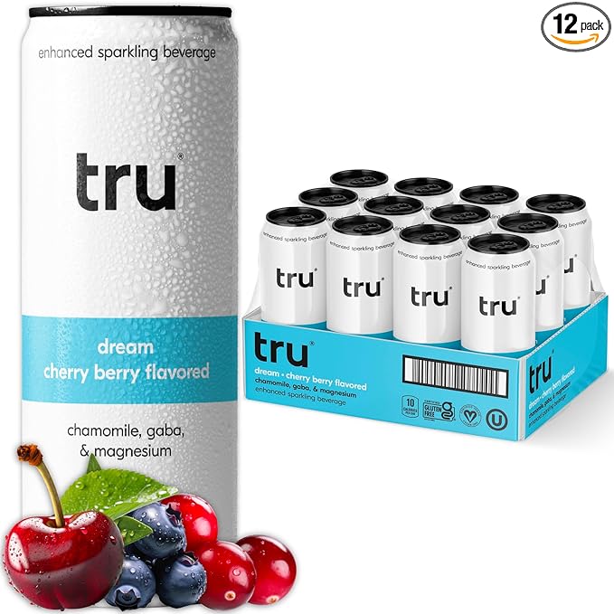 Tru Dream Seltzer, Cherry Berry, Sparkling Water with Chamomile, GABA, Magnesium & Tart Cherry Juice, Sweetened with Monk Fruit & Stevia, Gluten Free, Vegan, Caffeine Free, 12 FL OZ Cans, 12 Pack - Bloomnest