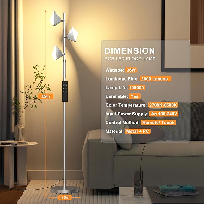 PARTPHONER RGB Tree Floor Lamp for Living Room, Stepless Dimmable Tall Standing Lamp with Remote, Touch Control and 3 Rotatable Light, Bright LED Lights for Bedroom with 4 Color-Changing, Sliver - Bloomnest