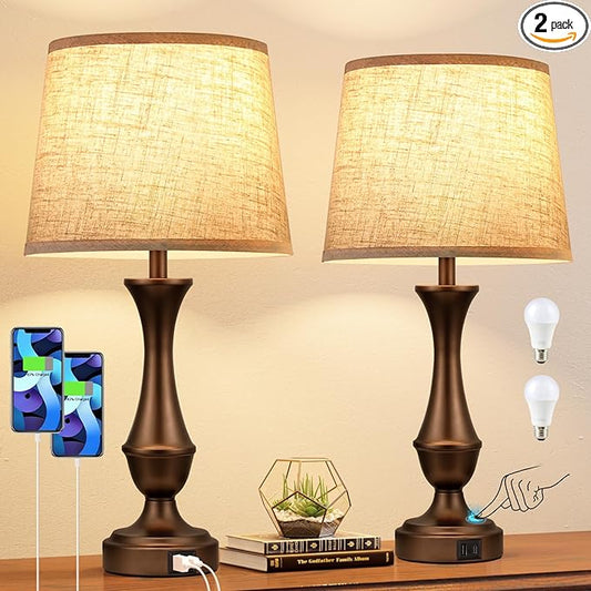 Seealle Upgraded Touch Lamps for Night Stands Set of 2 - Bedside Lamps with USB C+A, 3 Way Dimmable for Bedroom Living Room End Tables Office (Beige& Brown) - Bloomnest