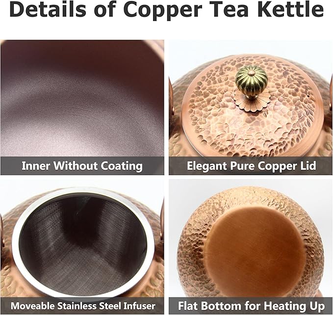 YJX Copper Tea Kettle For Stovetop, Japanese Style Non-Coating Pure Copper Teapot with Stainless Steel Infuser For Loose Tea, Large and Solid Tea Pot For 3-7 Cups (2000ml) - Bloomnest