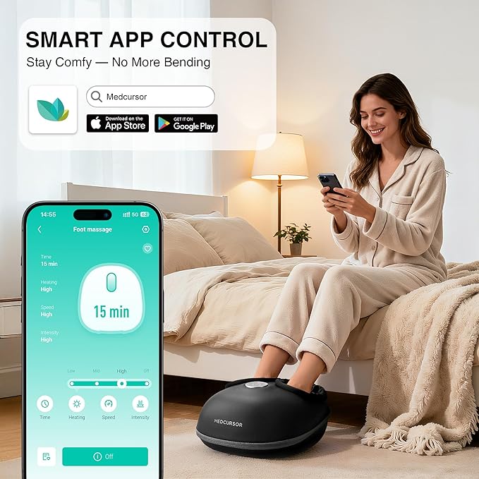 Medcursor Foot Massager with Heat, Shiatsu Deep Kneading Machine, Multi Air Compression Intensity, Smart APP Mobile Remote Control and Foot Massage Relax for Home and Office Use, Gifts for Women Mom - Bloomnest