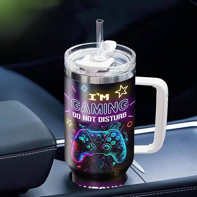 WAZONE Personalized Gamer Tumbler Nutrition Facts Customized Gaming Tumbler 40oz with Handle and Straw Insulated Travel Mugs Birthday Christmas Gifts for Video Game Lovers Pro Gamers Men Women - Bloomnest