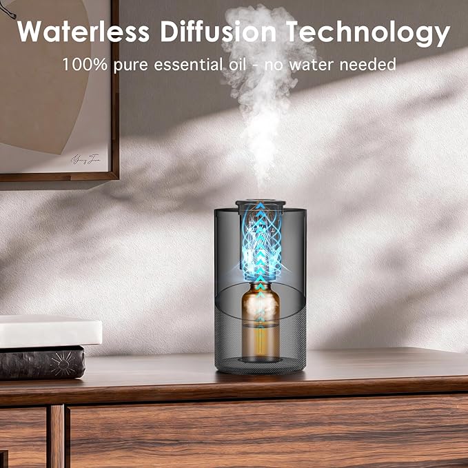 Waterless Essential Oil Diffuser for Home (Aluminum Alloy & Fabric) - Cordless Car Scent diffuser with 3 Timer & 3 Mist Levels - 2000mAh Battery Operated Scent Air Machine for Room Office Hotel, Black - Bloomnest