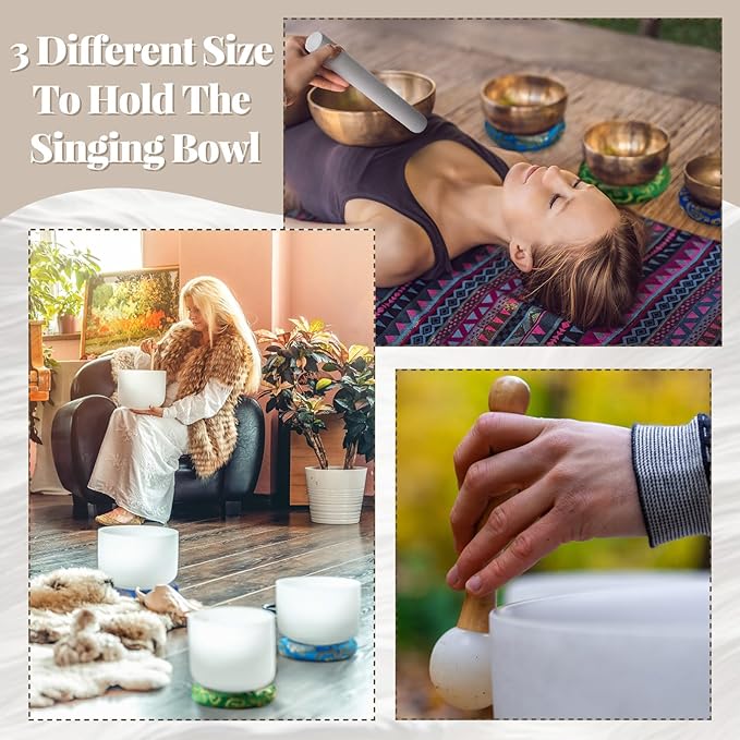 6 Pcs Singing Bowl Cushion Set 3 Silk Cloth O Ring with 3 Crystal Singing Bowl Mallet Include Solid and Hollow Stick Wood Handle Rubber Mallet for 7-9 Tibetan Sound Meditation - Bloomnest