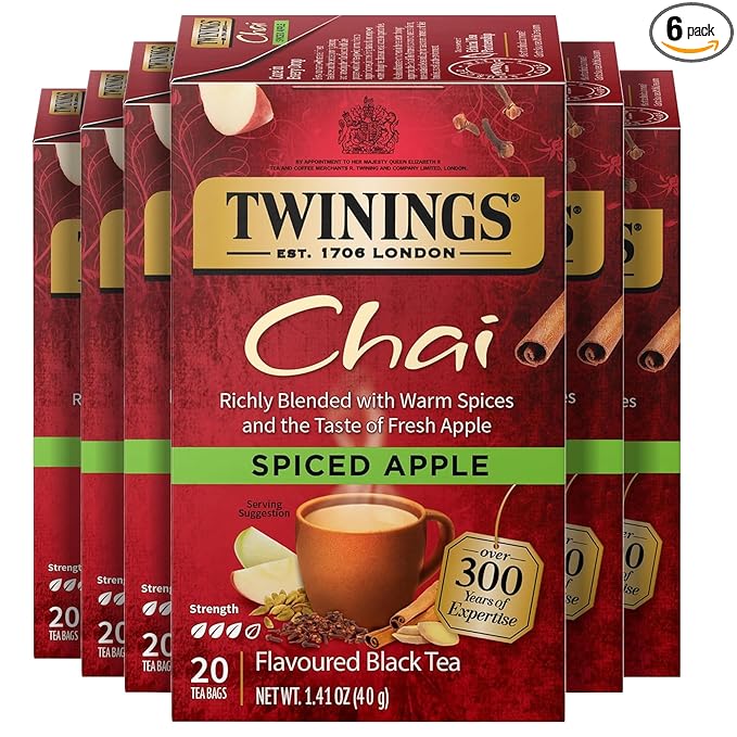 Twinings Spiced Apple Chai Black Tea Individually Wrapped Bags, 20 Count (Pack of 6), Sweet, Savoury Spices, Caffeinated, Enjoy Hot or Iced, 120 Teabags - Bloomnest
