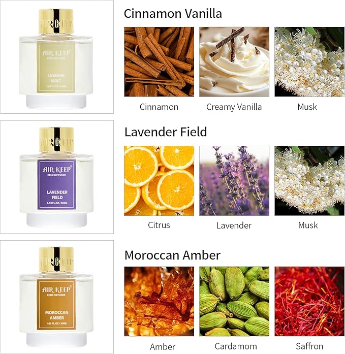 Airkeep Reed Diffuser Set of 3, Cinnamon Vanilla Lavender Field Moroccan Amber Oil Reed Diffusers for Bedroom Living Room Office Aromatherapy Oil Reed Diffuser for Gift 50ml x 3 - Bloomnest