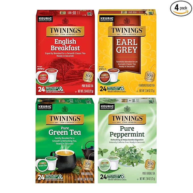 Twinings 96 K-Cup Pods Variety Pack 24 Count (Pack of 4), English Breakfast, Earl Grey, Green, and Pure Peppermint Tea for Keurig and Single Cup Brewers, Enjoy Hot or Iced - Bloomnest