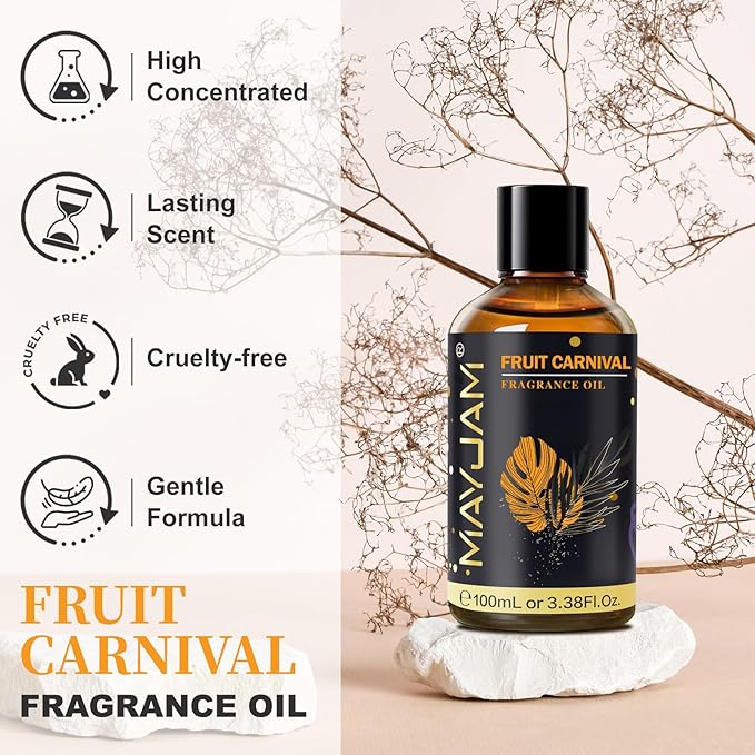 Fruit Carnival Fragrance Oil Essential Oil, MAYJAM 3.38FL.OZ Fruit Carnival Oil for Diffusers for Home, Long Lasting Scented Oils for Soap Candle Making - 100ML MAYJAM