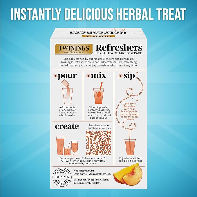 NEW Twinings Peach Mango Refreshers, Herbal Tea Instant Beverage with Real Peach Fruit Bits, 5 Count (Pack of 2), Café Style, No Artificial Sweeteners, Naturally Caffeine-Free Refreshment, 5 Packets - Bloomnest