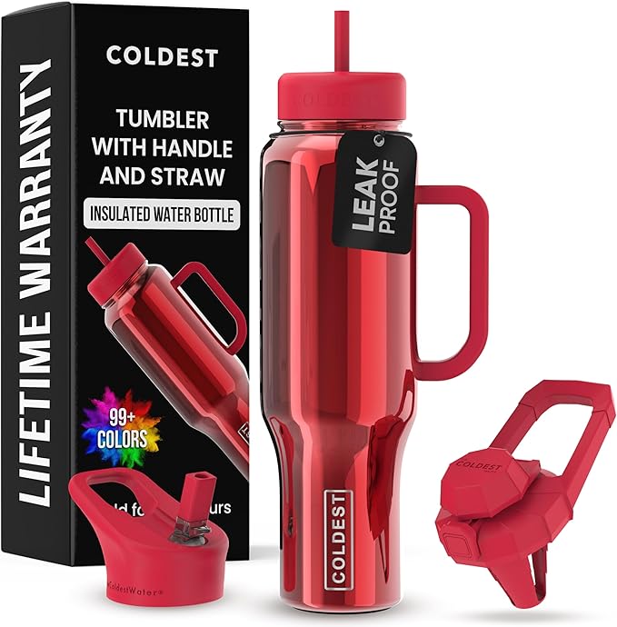 Coldest Tumbler with Handle and Straw, 100% Spill Proof Tumbler with Straw (3 Lids), Stainless Steel Insulated Leakproof Tumblers for Women Men, Cup Holder Friendly, 46 oz (Raspberry Reflections) - Bloomnest