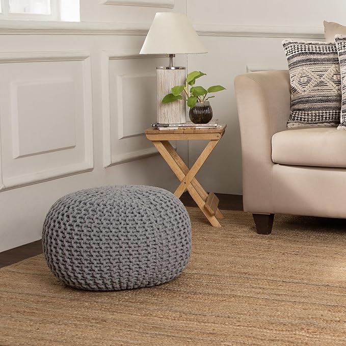 REDEARTH Round Boho Pouf Ottoman - Cable Knitted Cord Boho Pouffe - Stuffed Poof Accent Beanbag Footrest for Living Room - Nursery - Bedroom - Covered Patio - Study Nook (19.5"x19.5"x14") - Gray - Bloomnest