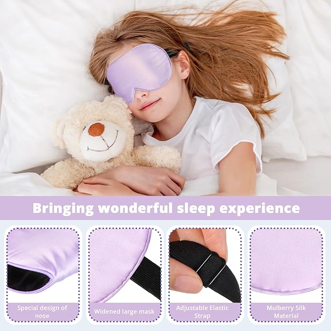 Kids Sleep Mask Eye Cover, 100% Real Natural Pure Silk Eye Mask with Adjustable Strap, Blindfold Kids Eye Mask for Sleeping, Eye Shade for Boys Girls and Adult, Pressure-Free Comfort (Purple) - Bloomnest
