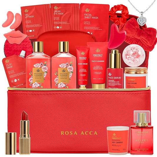 25 Pcs Valentines Day Gifts for Women, Red Rose Bath & Body Gift Set, Hydrating Skin Care Set, Luxury Self Care Gifts, Cosmetic Bag, Face Serum, Necklace, Christmas, Birthday, Mothers Day - Bloomnest