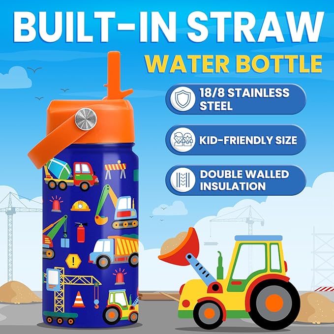 Construction Water Bottle - Kids Water Bottle with Straw Lid - 12 Oz Insulated Stainless Steel Water Bottles for Kid Boys - Travel Cup for School Sports - Bloomnest