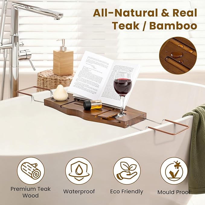 Teak Bathtub Tray Expandable Bathroom Tray for Home Spa Relaxation, Wooden Tray Caddy for Bathtub, Teak Bathtub Caddy as Unique Housewarming, Birthday, Wedding Shower Gifts. Light Walnut - Bloomnest