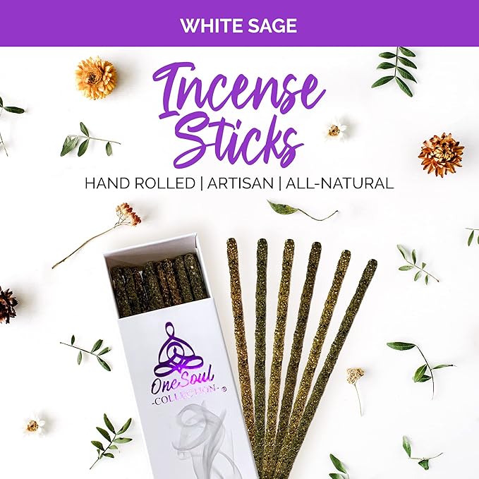 White Sage Smudge Incense Sticks, Natural Incense Sage Smudge Sticks, Insence-Sticks for Aromatherapy, Hand-Rolled Artisan Meditation Incense, 1-Hour Burn Time, 6 Inches, Pack of 20 OneSoulCollection%C2%AE