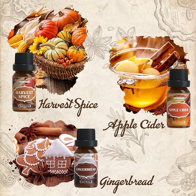 Autumn Spice Essential Oils Set, ARVIDSSON Fall Essential Oil for Diffuser - Cinnamon, Pumpkin Pie, Harvest Spice, Apple Cider, Gingerbread, Snickerdoodle, Cozy Fragrance Oils - Bloomnest