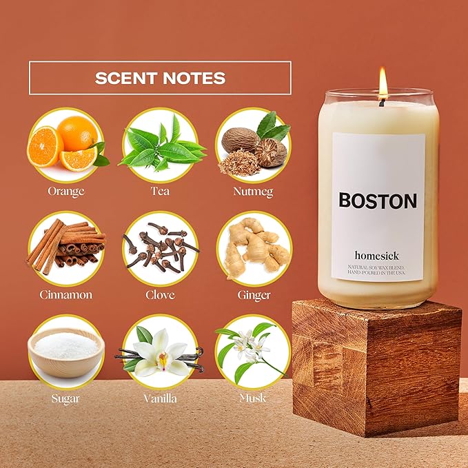 Homesick Scented Candles for Home (Boston) - 13.75 oz Long-Lasting Soy Wax Jar Candle for Women & Men for All Occasions, 60-80 Hours Burn Time - Notes of Orange, Tea & Nutmeg - Bloomnest
